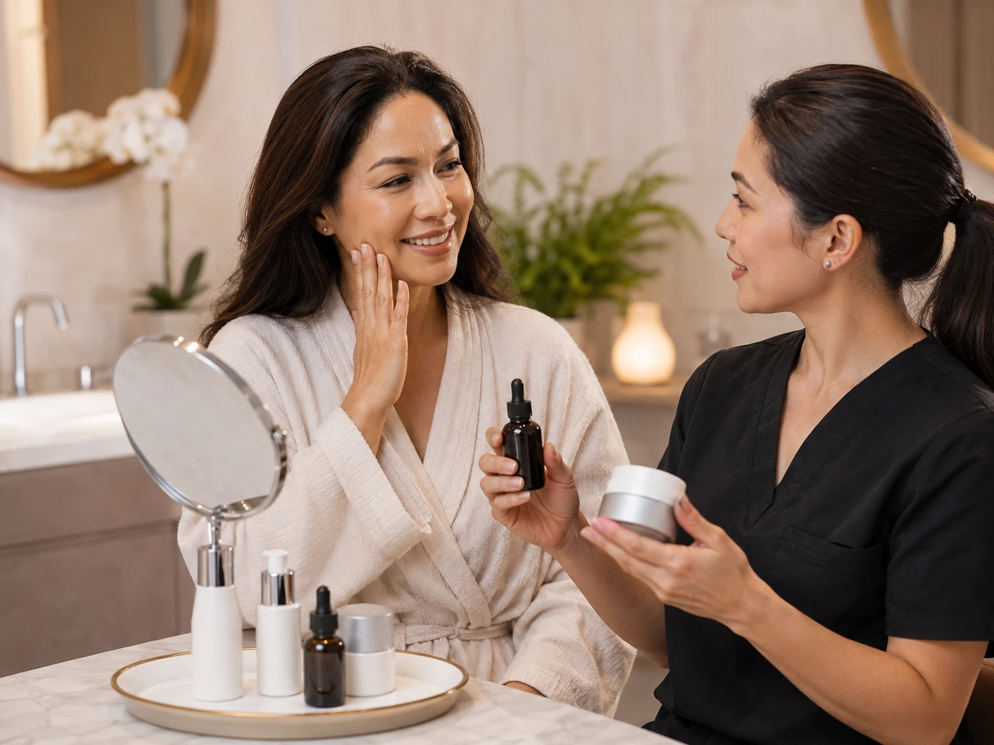 Client reviewing smooth, luminous skin