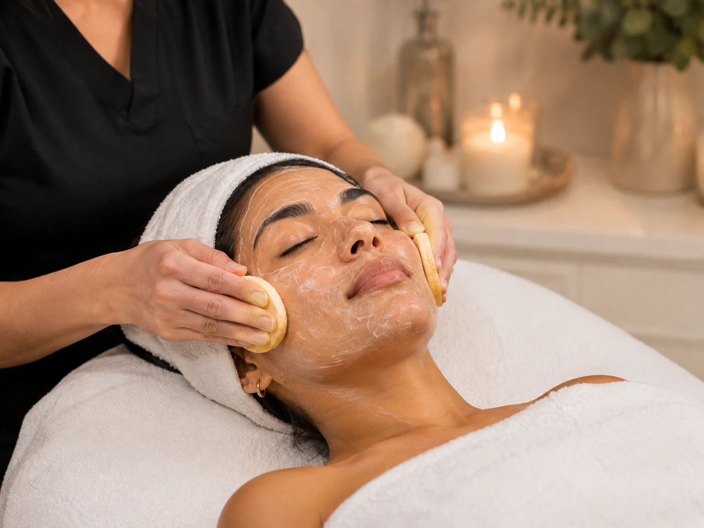 Client reviewing radiant skin after professional care