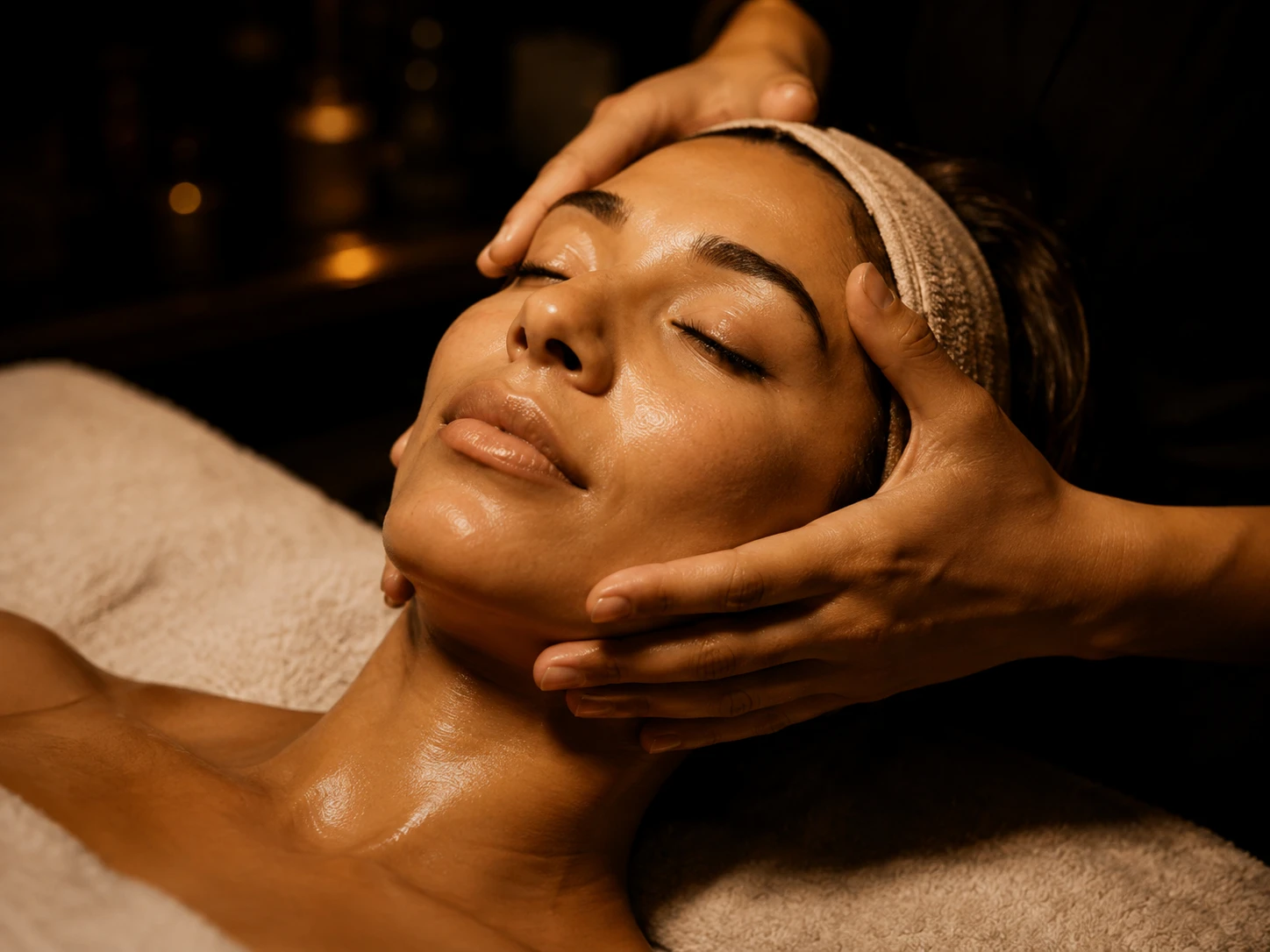 Client reviewing radiant skin after professional care